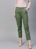 Sassafras Olive Green Regular Fit Solid Cropped Trousers Women