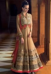 Sattika Net Beige Embroidered Dress Material Women