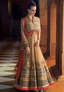 Sattika Net Beige Embroidered Dress Material women