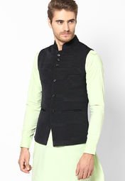 See Designs Black Stripe Slim Fit Nehru Jacket Men