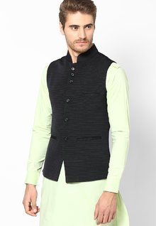 See Designs Black Stripe Slim Fit Nehru Jacket men