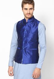 See Designs Blue Solid Slim Fit Nehru Jacket Men