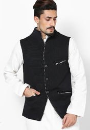 See Designs Solid Black Slim Fit Ethnic Jacket Men