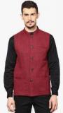 Shaftesbury London Maroon Solid Slim Fit Waistcoat Men