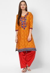 Shree Cotton Mustard Yellow Printed Kurta With Patiala Salwar women