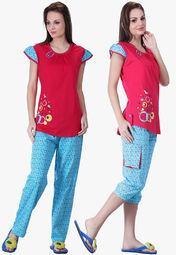 Skinwrap Red Printed Top Pyjama And Capri Set Women