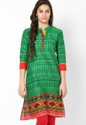 Span Regular Fit Green Kurta Women