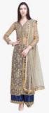 Stylee Lifestyle Beige & Gold Embroidered Net Semi Stitched Dress Material Women