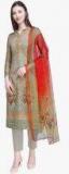 Stylee Lifestyle Green & Red Embroidered Cotton Blend Unstitched Dress Material Women