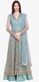 Stylee Lifestyle Turquoise Blue & Gold Embroidered Net Semi Stitched Dress Material Women