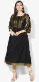 Taavi Black & Gold Toned Kasavu Yoke Design A Line Empire Kurta With Gathers Women