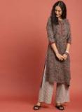 Taavi Grey & Maroon Hand Block Print A Line Asymmetric Kurta Women