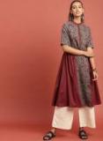 Taavi Grey & Maroon Hand Block Print A Line Flared Kurta With Gathers Women