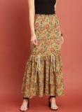 Taavi Mustard Yellow Kalamkari Hand Block Print A Line Maxi Skirt With Tie Ups Women