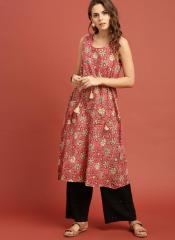 Taavi Peach Coloured Block Print Legacy A Line Kurta with Waist Tie Ups & Pockets women