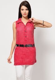 The Vanca Sleeve Less Solid Fuchsia Tunic Women