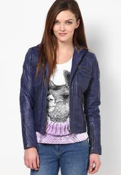 Theo&ash Blue Solid Leather Jacket Women