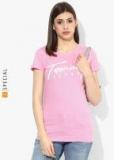 Tommy Hilfiger Pink Printed Round Neck T Shirt Women