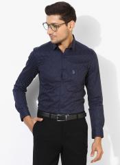 U S Polo Assn Tailored Navy Blue Printed Slim Fit Formal Shirt men