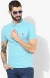 U S Polo Assn Turquoise Blue Self Design Regular Fit Polo T Shirt Men