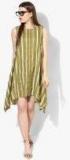 United Colors Of Benetton Olive Green & Off White Striped A Line Dress Women