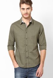 United Colors Of Benetton Olive Solid Full Sleeve Core Linen Shirt Men