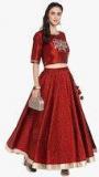 Varanga Maroon Embellished Flared Skirt With Crop Top Women