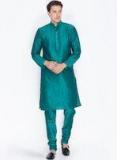 Vastramay Green Solid Linen Straight Kurta Men