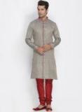 Vastramay Grey & Maroon Printed Sherwani With Churidar Men