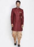 Vastramay Maroon & Gold Toned Sherwani Set Men