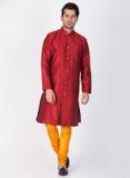 Vastramay Maroon & Yellow Sherwani With Churidar Men