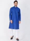 VASTRAMAY Men Blue Solid Straight Linen Kurta