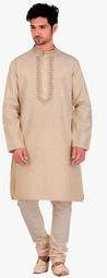 Veda Beige Solid Kurta Pyjama Men