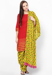 Vedic Cotton Yellow Printed Patiala And Dupatta Set women