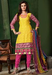 Vida Yellow Embroidered Dress Material Women