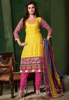 Vida Yellow Embroidered Dress Material women