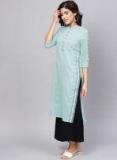 W Blue Solid Straight Kurta Women