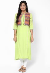 W Viscose Green Solid Kurta Women