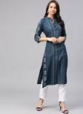 W Women Navy Blue & White Striped Straight Kurta