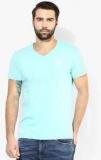 Wrangler Aqua Blue Solid V Neck T Shirt men