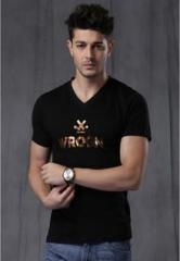 Wrogn Black Printed Slim Fit V Neck T Shirt men