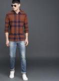 Wrogn Brown & Navy Blue Slim Fit Checked Casual Shirt Men