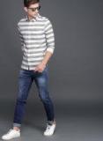 Wrogn Grey & White Slim Fit Striped Casual Shirt Men