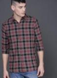 Wrogn Maroon & Grey Slim Fit Checked Casual Shirt Men