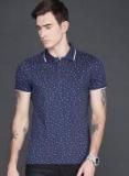 Wrogn Navy Blue Printed Polo Collar T Shirt Men