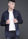 Wrogn Navy Blue Slim Fit Denim Casual Shirt Men