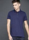 Wrogn Navy Blue Slim Fit Printed Polo Collar T Shirt Men