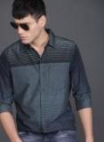 Wrogn Navy Blue Slim Fit Striped Casual Shirt men