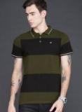 Wrogn Olive Green & Black Striped Polo Collar T Shirt Men