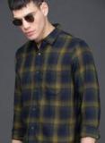 Wrogn Olive Green & Navy Blue Slim Fit Checked Casual Shirt Men